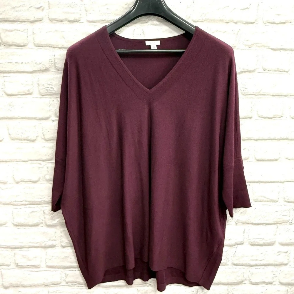 J Jill PURE JILL Sweater Tunic Sz XS Burgundy V-Neck Oversized‎ Top 3/4 Sleeves